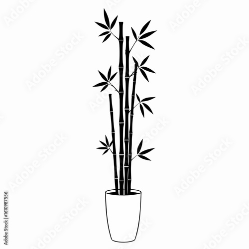 Wallpaper Mural Stylized Bamboo Plant in a Pot, Black Silhouette with Elongated Leaves Torontodigital.ca