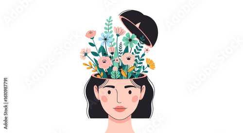 A woman's open mind is filled with blooming flowers, symbolizing growth, peace, and inner beauty, depicted in a vibrant and stylized illustration.