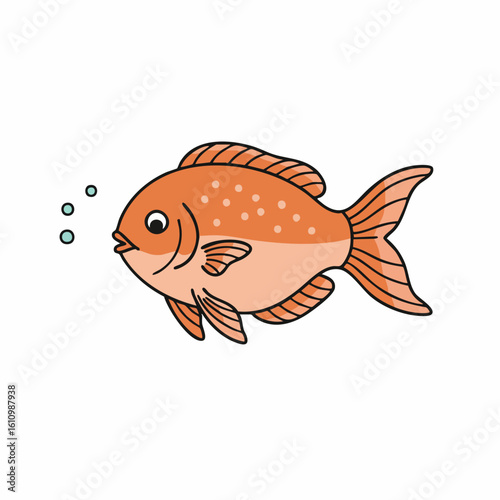 Cartoon Goldfish with Orange Scales and Bubbles Swimming Happily in Water