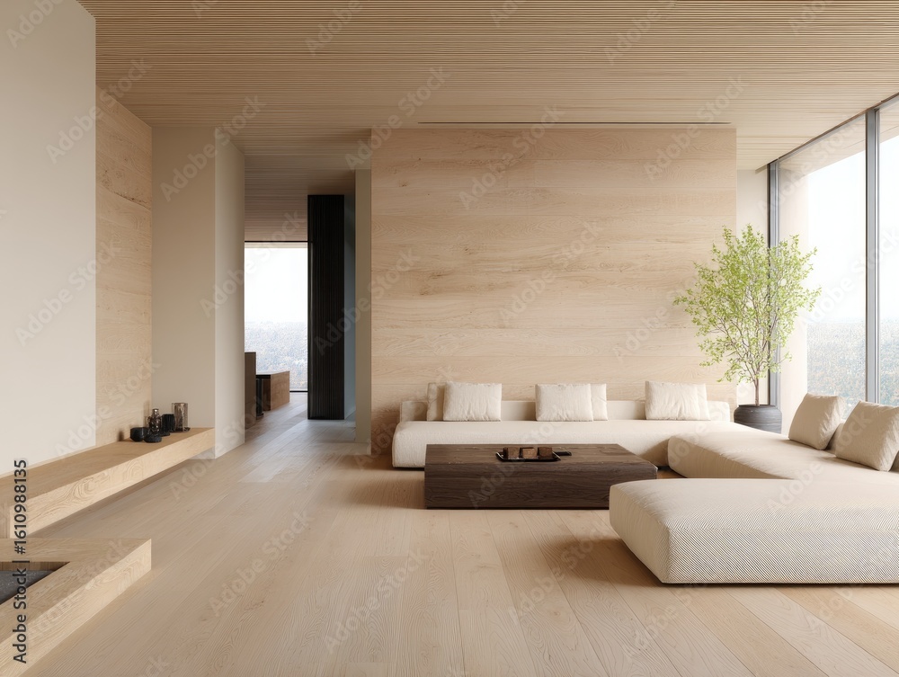 Fototapeta premium Modern minimalist living room featuring light wood tones