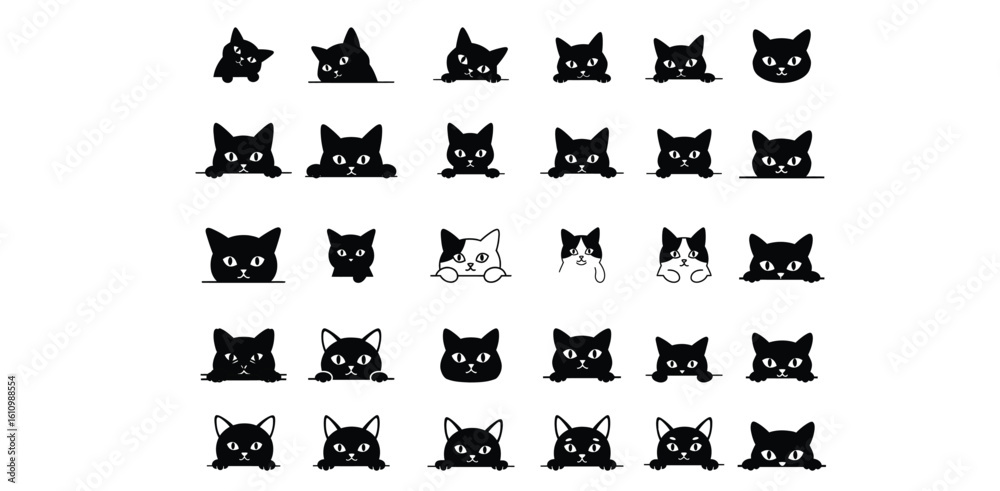 Naklejka premium Cute Cat Face Icon Set – Vector Silhouettes of Peeking Cats in Various Styles