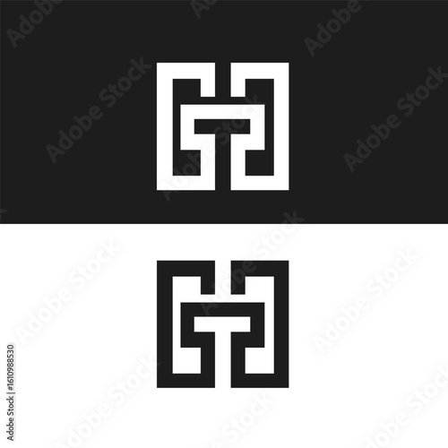 Modern and robust lettermark logo, a stylized 'H' (possibly 'HT') crafted with strong, geometric square lines. This versatile vector icon is ideal for technology, construction, security, IT, or any. 