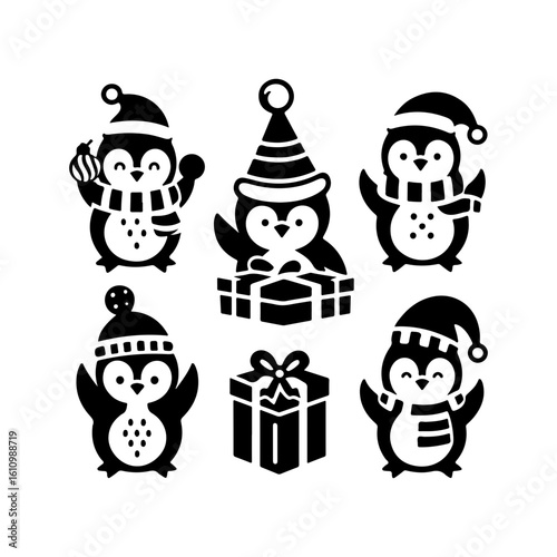 Cute cartoon penguins. Little penguin character with happy smile, aquatic flightless bird mascot vector set
