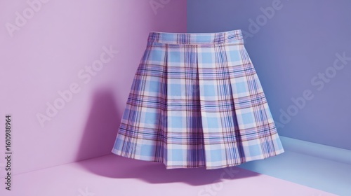 Colorful plaid skirt displayed in a creative setting with pastel backgrounds highlighting fashion design