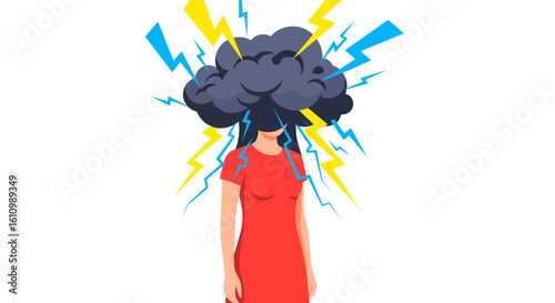 An illustrative depiction of a woman experiencing intense stress and mental overload, with a dark storm cloud replacing her head, symbolizing emotional turmoil.