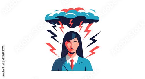 A vector illustration depicts a woman with an angry expression, framed by storm clouds and lightning bolts, conveying stress and emotional turmoil on white backdrop.