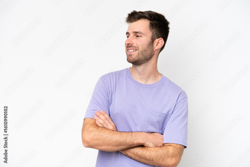 Obraz premium Young caucasian man isolated on white background happy and smiling