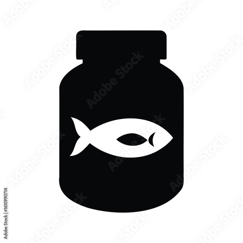 Black bottle featuring a white fish emblem symbolizes omega 3 supplement