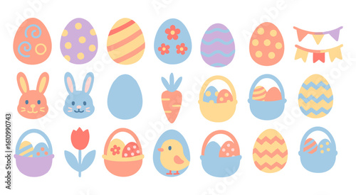 Colorful Easter-Themed Icons Featuring Eggs, Bunnies, Baskets, and Holiday Decorations
