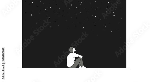 A minimalist illustration depicts a solitary person sitting on the ground, gazing upwards at a vast, star-filled night sky, evoking feelings of wonder and deep contemplation.