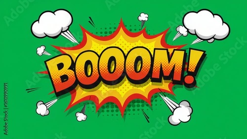 Dynamic 'BOOOOM!' Comic Explosion Animation on Green Background