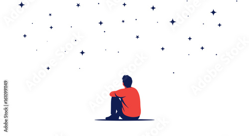 A man sits alone, contemplating a serene sky filled with softly falling stars, conveying a sense of peace and quiet contemplation in a minimalist illustration.