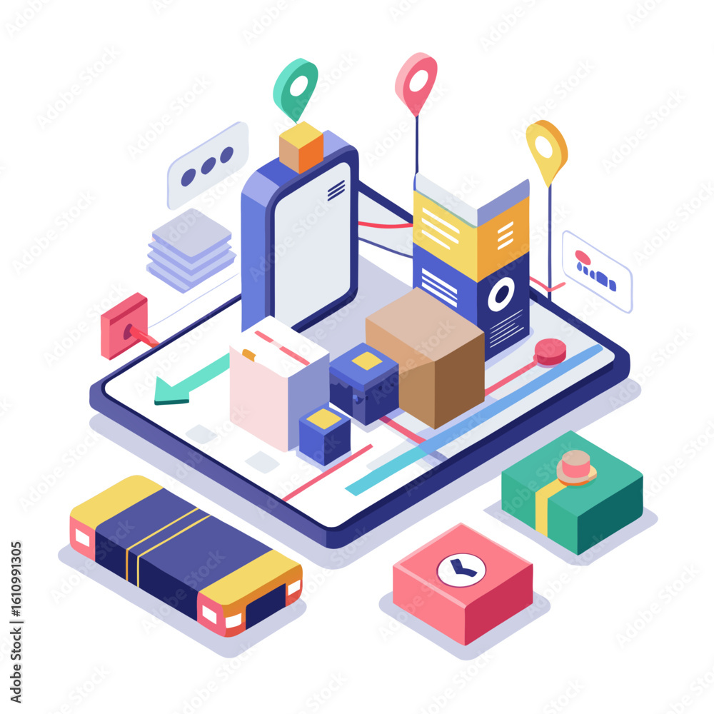 Isometric illustration of logistics and delivery tracking on a tablet isolated on white background Isometric illustration of logistics and delivery tracking on a tablet isolated on white background