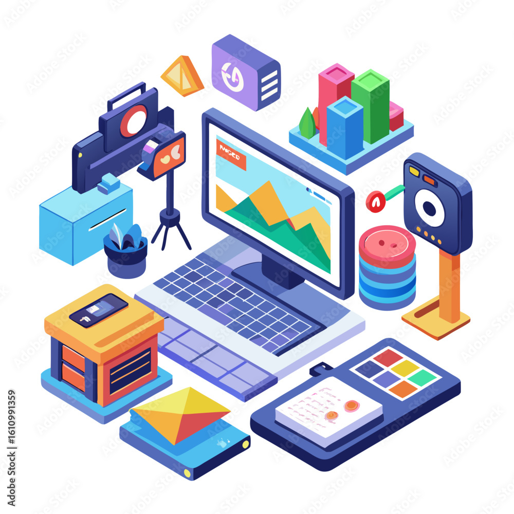 Isometric digital marketing and content creation tools isolated on white background