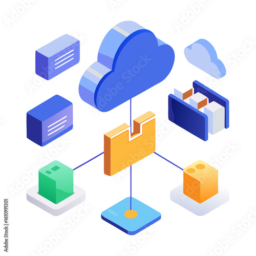Cloud computing network diagram with data storage and servers isolated on white background