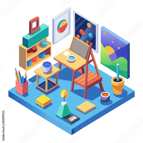Artist studio setup with easel and paintings isolated on white background