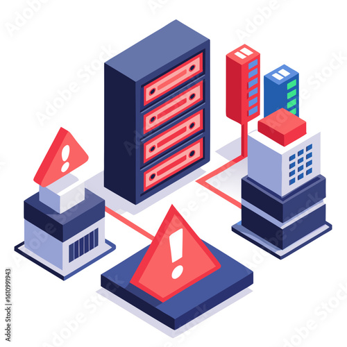 Server network with warning signs isolated on white background