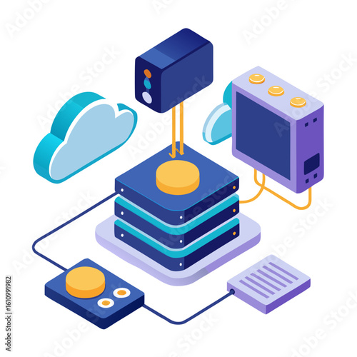 Isometric server rack with cloud icons and network connections isolated on white background