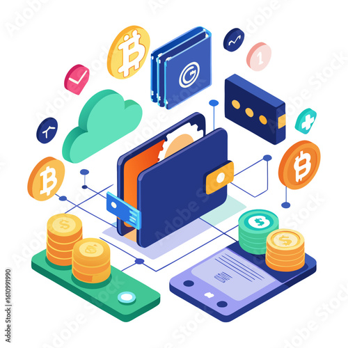 Cryptocurrency wallet and digital finance concept with bitcoin and coins isolated on white background