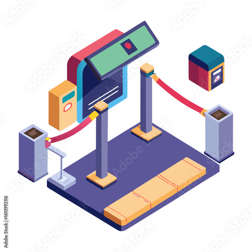 Isometric illustration of a security checkpoint with barriers and ticket machine isolated on white background
