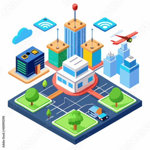 Isometric smart city with connected buildings and transportation isolated on white background