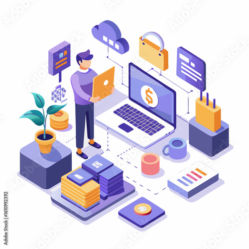 Man working with laptop and financial elements isolated on white background