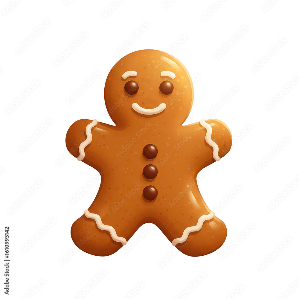 Obraz premium Cute gingerbread man with icing details and a smiling face, perfect for Christmas, winter holidays, or festive dessert-themed visuals.