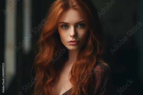 Studio portrait of a gorgeous redhead model with long wavy hair, wearing a dark top, against a dark background