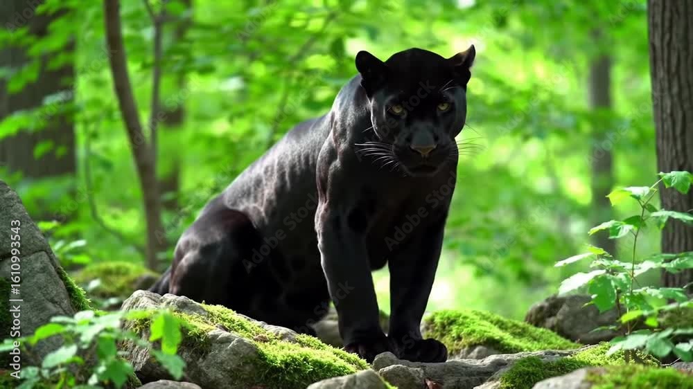Black panther perched on forest rocks, surrounded by vibrant green foliage. Midday forest ambiance with sunlight peeking through the trees.
