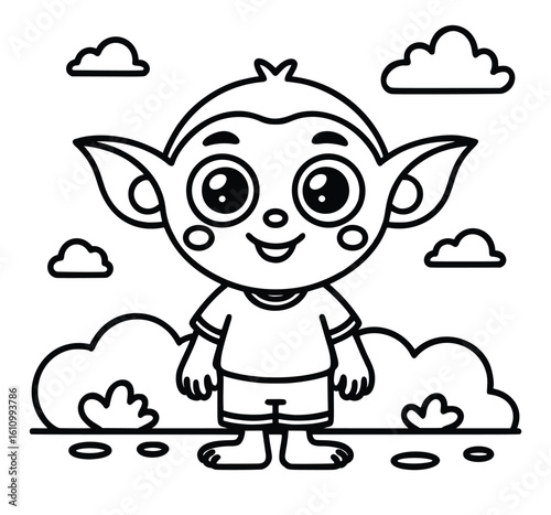 Charming Cartoon Character: A playful cartoon character with a cheerful expression stands poised against a whimsical backdrop of clouds.