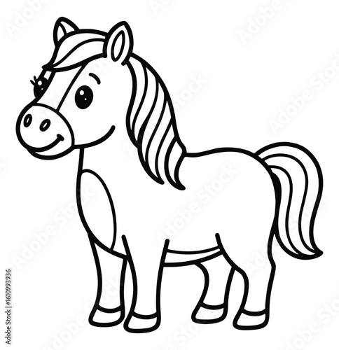 Happy Pony Illustration: An adorable illustration of a cheerful pony with a lovely mane and tail, perfect for coloring books or design.
