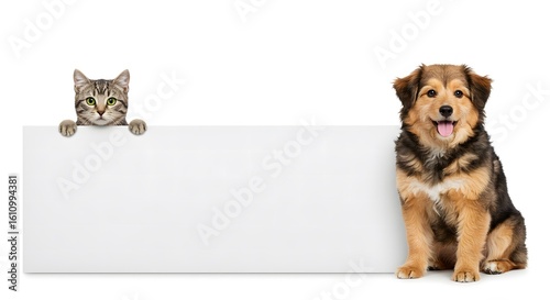 Adorable Cat and Dog Duo Holding Blank White Sign, Studio Shot