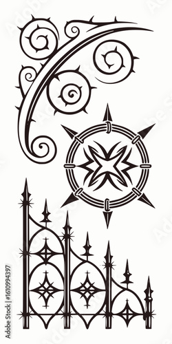 Minimilist illustration of a thorny vine with spirals, a circular design, and a section of decorative fence vector
