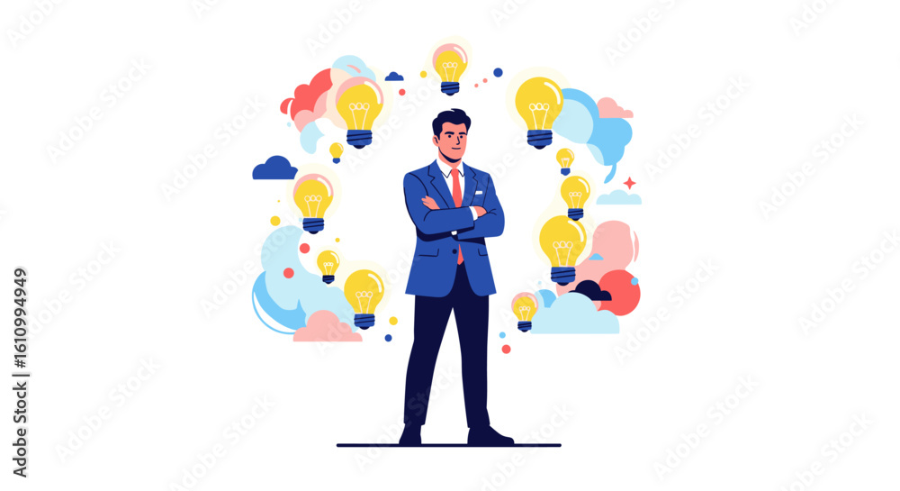 A confident businessman stands with arms crossed, surrounded by glowing lightbulbs symbolizing brilliant ideas and innovative solutions, against a clean white background. A confident businessman stands with arms crossed, surrounded by glowing lightbulbs symbolizing brilliant ideas and innovative solutions, against a clean white background.