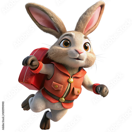 3D rabbit, full body, wearing a red postal vest with multiple small mailbags