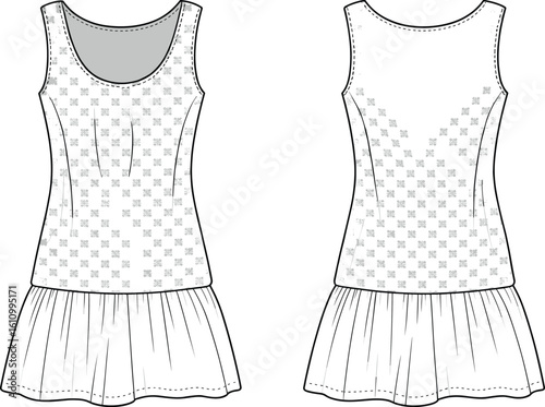 CAD drawing flat vector illustration of sleeveless pleated dress, checkered bodice, scoop neckline