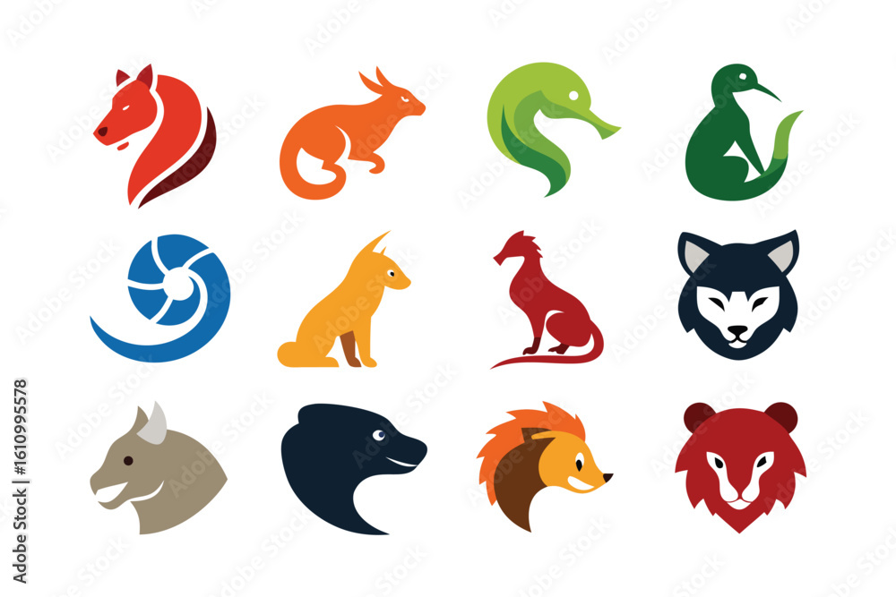Obraz premium Vector art of collection of colorful animal head logos isolated on white background