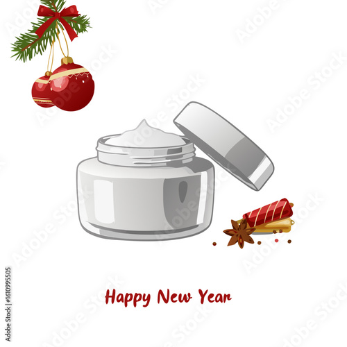 Cream jar with lid beside festive decorations for New Year  