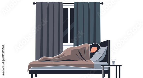 A person sleeps soundly in a comfortable bed, covered by a blanket, with a glass of water on a bedside table near a window with curtains.