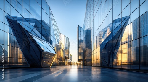 Ultra-modern office complex with a reflective glass facade smooth geometric architecture reflections of a futuristic skyline