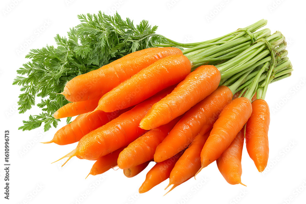 Close up of fresh organic carrots with green leafy tops isolated on white or transparent png shows healthy eating, vegetable harvest, and farm to table freshness. Close up of fresh organic carrots with green leafy tops isolated on white or transparent png shows healthy eating, vegetable harvest, and farm to table freshness.