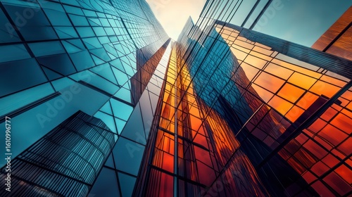 Ultra-modern office tower with a reflective glass facade geometric architecture clean futuristic surfaces reflecting a vibrant cityscape