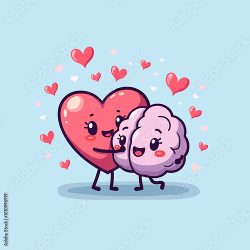 A cute cartoon heart hugging a brain, symbolizing emotion and logic