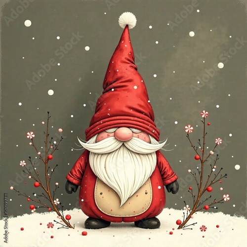 Merry Christmas and Happy New Year poster cover. Cute scandinavian Gnome on winter background. Perfect Christmas greeting card poster brochure cover theme. Xmas greeting art for social media