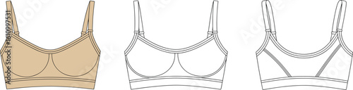 CAD drawing flat vector illustration of sports bra, front and back views, fashion technical sketch, women’s 