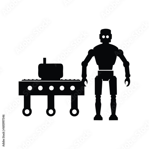 Silhouette of a retro robot standing next to a conveyor belt assembly line