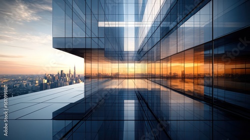 Ultra-sleek futuristic office building with a reflective glass facade bold innovative architectural elements hyper- reflections of the city skyline clean