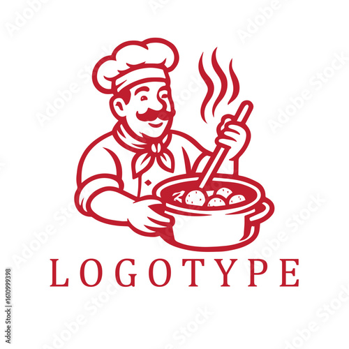 Cartoon-style red and white logo of a chef stirring steaming meatballs in a pot with bold line art.