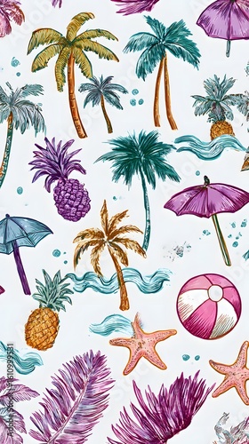 Tropical island paradise vector illustration: a summer beach background with palm trees, sun, and sea