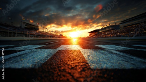 a dramatic view of a race track at sunset, with the sun low in the sky, casting long shadows and bathing the ground in a warm glow